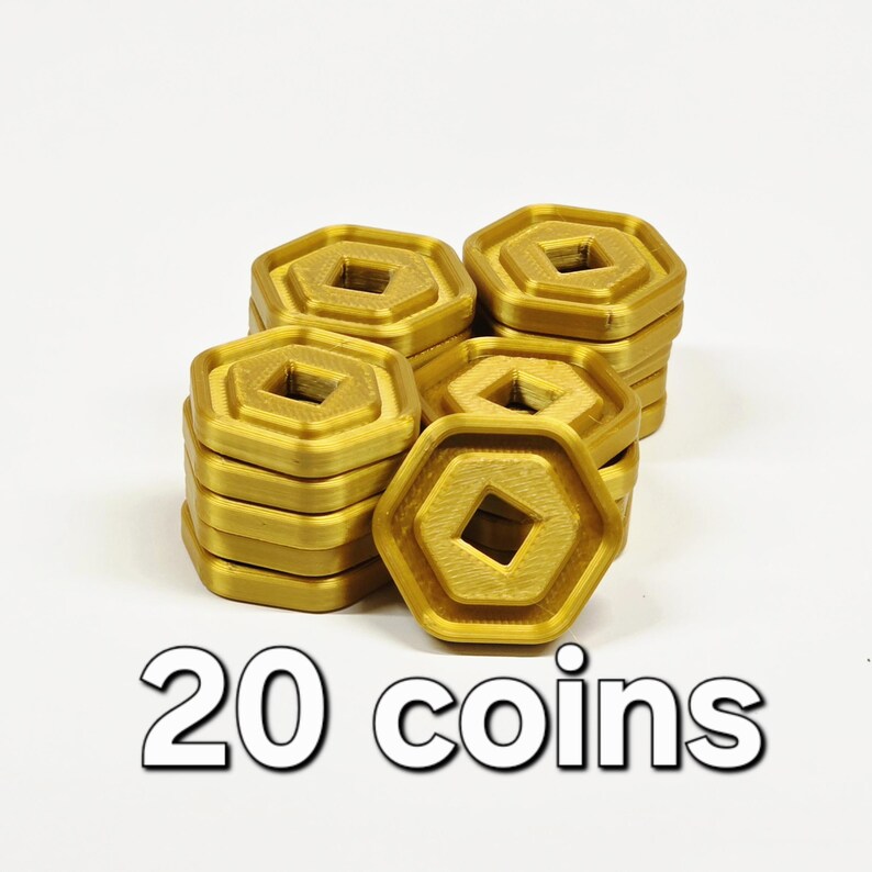 May include: A collection of twenty gold-colored, hexagonal coins with a square center hole. The coins are stacked in several piles, with the text "20 coins" displayed below them.