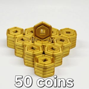May include: A collection of gold-colored, hexagonal coins stacked in neat piles. Each coin features a square cutout in the center. The text "50 coins" is displayed at the bottom of the image.