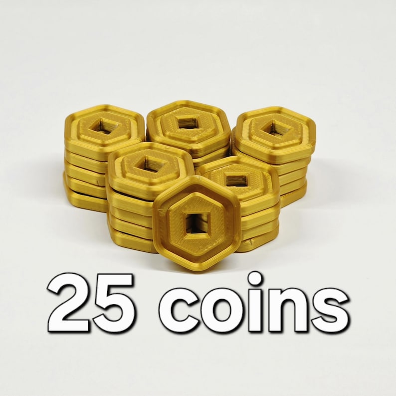 May include: A collection of gold-colored, hexagonal coins with a square center hole. The coins are stacked in several piles. The text "25 coins" is displayed in a white, bold font at the bottom of the image.