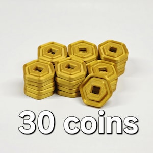 May include: A collection of 30 gold-colored, hexagonal coins. Each coin has a square center hole and is stacked in small piles. The text "30 coins" is displayed in white, below the coins.