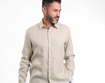 CUSTOM SIZE Men's linen shirt, summer shirt, beach vacation shirt, sustainable fabric, band collar, gift for him, handcrafted shirt