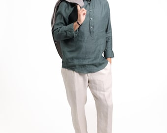 CUSTOM SIZE Men's linen shirt, summer shirt, beach vacation shirt, sustainable fabric, band collar, gift for him, handcrafted shirt