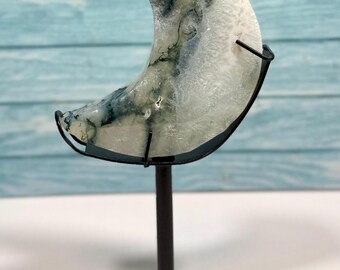9cm/3.5” Moss Agate Moon Carving | Natural Crystal  Ornament | Metaphysical Home Decor