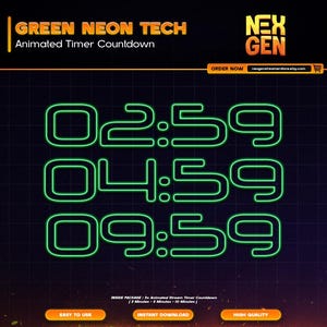 Green Neon Tech Animated Stream Timers Countdown | Twitch, YouTube & Kick | 3m, 5m, 10m.
