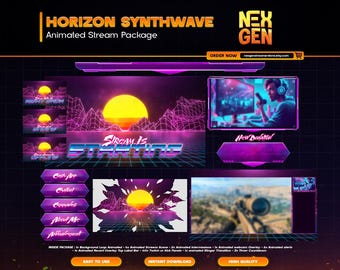 Horizon Synthwave Animated Stream Package | 80s Vaporwave Overlays, Alerts, Webcam, Screens & Timers | Twitch, Kick, YouTube Setup