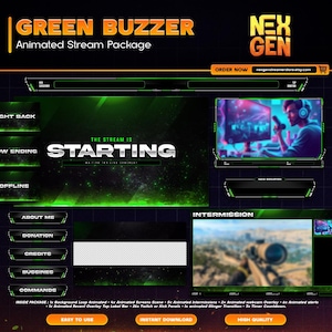 Superposición de zumbido verde animada para transmisión / Paquete premium de Twitch OBS / Paneles de transmisión VTuber FX / Diseño de premios con descarga instantánea