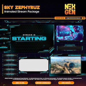 Animated Neon Stream Overlay Package: Futuristic VTuber Twitch/Kick Scenes