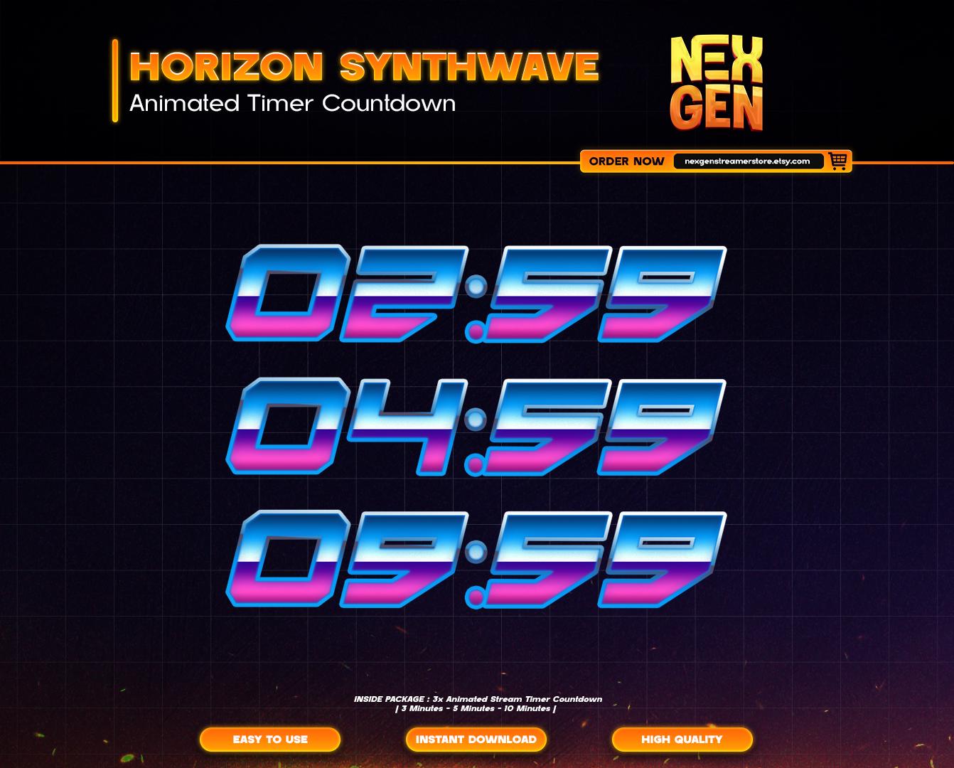 Horizon Synthwave Animated Stream Timers Countdown | Twitch, YouTube & Kick | 3m, 5m, 10m.