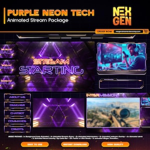 Purple Neon Tech Animated Stream Overlay Pack | Twitch OBS Streamlabs Kick Package | Cyberpunk VTuber Bundle / Animated Scenes
