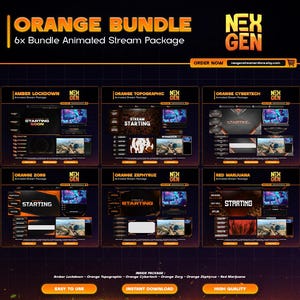 6x Orange BUNDLE Animated Stream Package – Overlays, Alerts, Webcam, Screens & Timers for Twitch, Kick, Youtube.