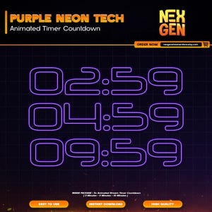 Purple Neon Tech Animated Stream Timers Countdown | Twitch, YouTube & Kick | 3m, 5m, 10m.