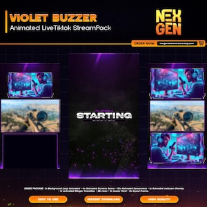 Violet Buzzer Animated Tiktok Live Streaming Package | screens,webcams,transition | vertical design - clean - cyberpunk.