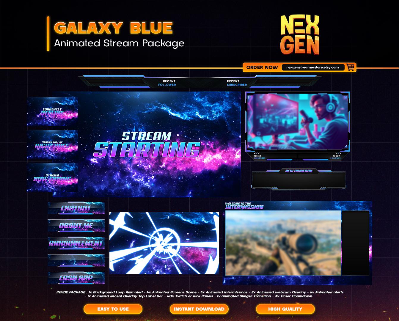 Animated Stream Overlay – Galaxy Twitch Pack, Sci-Fi Webcam Frame, Alerts, Panels, Stinger Scenes for OBS, Kick & YouTube.