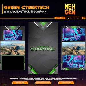 Green Cybertech Animated Tiktok Live Streaming Package | screens,webcams,transition | vertical design - clean - cozy.
