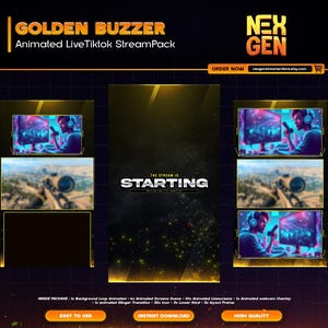 Golden Buzzer Animated Tiktok Live Streaming Package | screens,webcams,transition | vertical design - clean - cyberpunk.