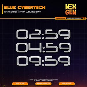 Blue Cybertech Animated Stream Timers Countdown | Twitch, YouTube & Kick | 3m, 5m, 10m.