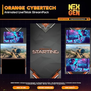 Orange Cybertech Animated Tiktok Live Streaming Package | screens,webcams,transition | vertical design - clean - cozy.