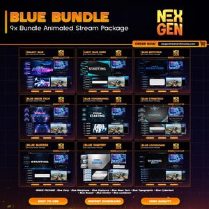 9x Blue BUNDLE Animated Stream Package – Overlays, Alerts, Webcam, Screens & Timers for Twitch, Kick, Youtube.