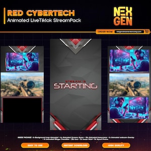 Red Cybertech Animated Tiktok Live Streaming Package | screens,webcams,transition | vertical design - clean - cozy.