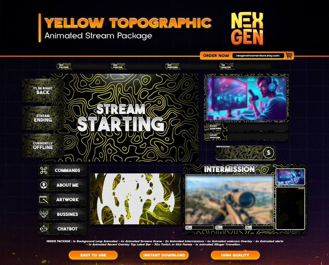 Yellow Topographic Animated Stream Package – Overlays, Alerts, Webcam ...