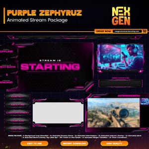 Purple Zephyruz Animated Stream Overlay Pack | Twitch OBS Streamlabs Kick Package | Cyber Neon VTuber Bundle / Animated Scenes Panels Alerts