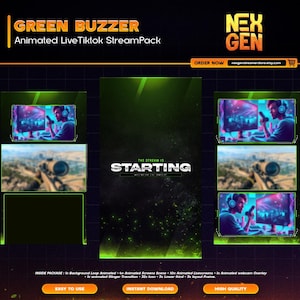 Green Buzzer Animated Tiktok Live Streaming Package | screens,webcams,transition | vertical design - clean - cyberpunk.