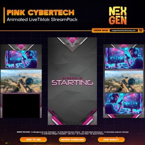 Pink Cybertech Animated Tiktok Live Streaming Package | screens,webcams,transition | vertical design - clean - cozy.