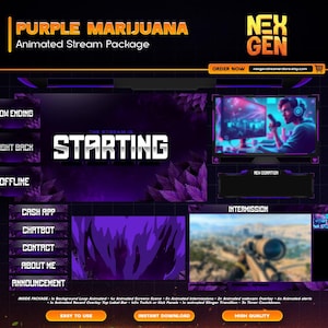 Pacote de Streaming Animado de Maconha Roxa | Sobreposições, Alertas, Webcam, Telas e Temporizadores com Tema de Folhas | Configuração de Streaming para Twitch, Kick e YouTube