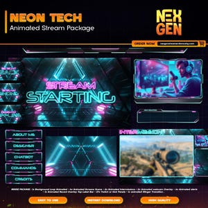 Neon Tech Animated Stream Overlay: Cyberpunk Stream Pack