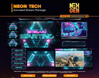 Neon Tech Twitch Overlay | Animated Stream Pack for OBS, Kick & YouTube | Cyberpunk Webcam, Alerts, Panels, Timers, Stinger