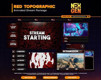 Animated Red Stream Overlay Topographic | Trippy Twitch OBS Pack | VTuber Panels FX | Horror Aesthetic Layout Instant Download