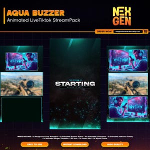 Aqua Buzzer Animated Tiktok Live Streaming Package | screens,webcams,transition | vertical design - clean - cyberpunk.