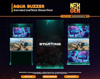 Aqua Buzzer Animated Tiktok Live Streaming Package | screens,webcams,transition | vertical design - clean - cyberpunk.