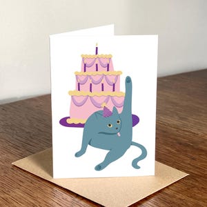 Cartão de feliz aniversário SUN&I A6 - Gato, Bolo, Rosa, Roxo, Azul
