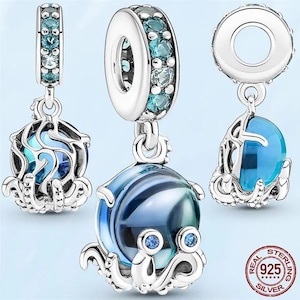 925 Sterling Silver Octopus Charm with Blue Murano Glass | Pandora Compatible | Elegant Ocean Jewelry | Gift for Her