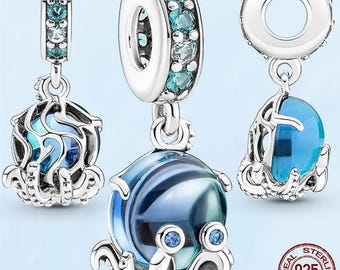 925 Sterling Silver Octopus Charm with Blue Murano Glass | Pandora Compatible | Elegant Ocean Jewelry | Gift for Her
