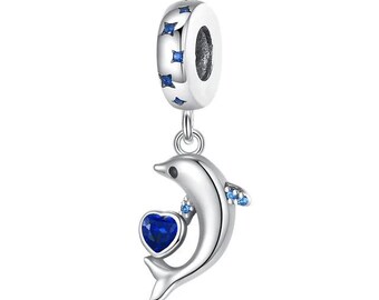 Dolphin Charm with Blue Heart | Pandora Style Charm in 925 Silver | Marine Gift