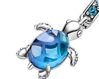 925 Sterling Silver Turtle Charm with Blue Murano Glass – Compatible with Pandora