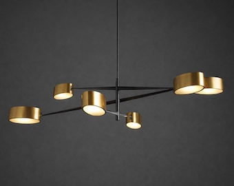 Mid Century Modern Brass Drum Chandelier - 6 Light Linear Pendant
