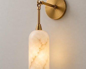 Mid Century Modern, Alabaster Wall Sconce, Brass Swing Arm, Adjustable, Marble Wall Lamp, Bedside Reading Light, and Luxury Bedroom Lighting