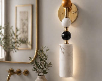 Handcrafted Alabaster Brass Wall Sconce, Luxury Wall Light Fixture, Bathroom Vanity Light, Bedroom Wall Lamp, Mid Century Designer Lighting