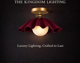 Lámpara de techo semiempotrada de latón hecha a mano con globo de vidrio opalino – Luminaria de interior moderna vintage con borde festoneado