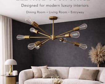 Modern Brass Chandelier, Mid Century Sputnik Light Fixture, Multi Arm Ceiling Light, Gold Starburst Lighting, Dining Room Lighting, Handmade