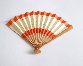 Small Sensu Folding Fan Orange Red + Vanilla Cream With Abstract Reddish + Green Design