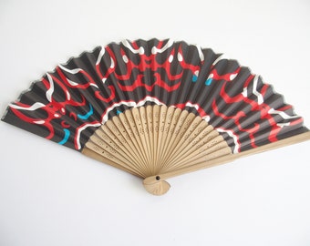 Colorful Sensu Folding Fan With Abstract Pattern On Black Ground