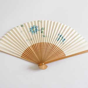 Vintage Sensu Folding Fan Shimmery Cream White With Blue Flower Design