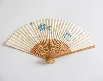 Vintage Sensu Folding Fan Shimmery Cream White With Blue Flower Design