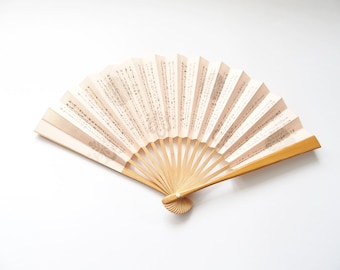 Japanese Sensu Folding Fan With Black Kanji Writing On Apricot Cream Ground