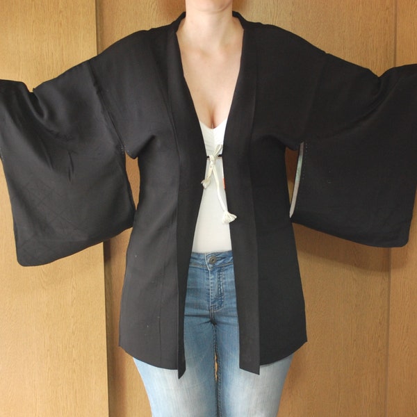Black Haori Kimono Cardigan With Abstract Integrated Pattern Remake Recycle