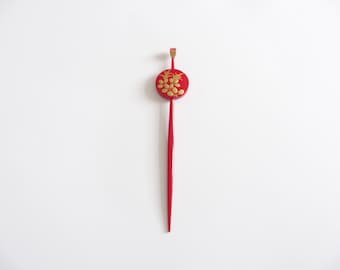 Vintage Hirauchi Hairstick From Japan Red With Gold Design